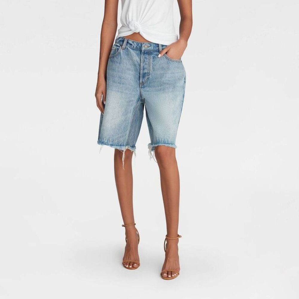 High-Rise Light Wash Denim Bermuda Shorts - Light Blue